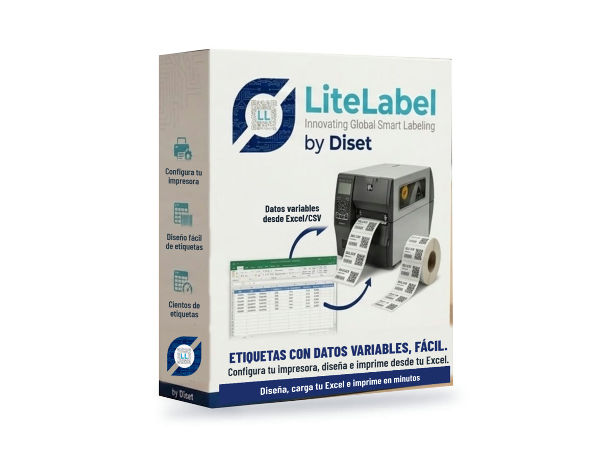 Caja de LiteLabel, programa para diseñar e imprimir etiquetas con código de barras desde Excel