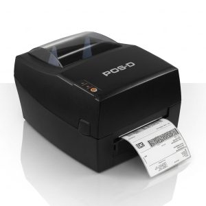 Impresora de etiquetas económica POS-D LP300X USB/LAN de 203 dpi imprimiendo una etiqueta con código de barras