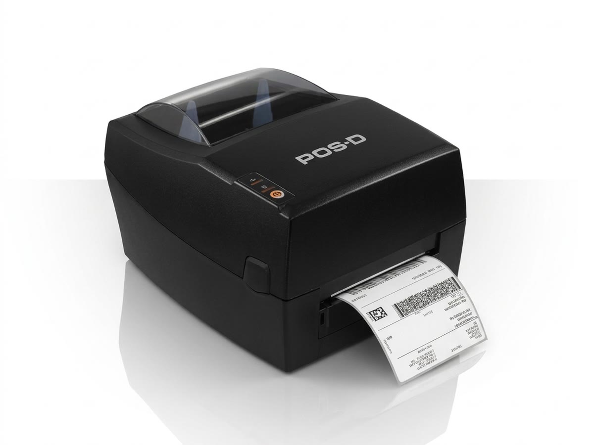 Impresora de etiquetas económica POS-D LP300X USB/LAN de 203 dpi imprimiendo una etiqueta con código de barras